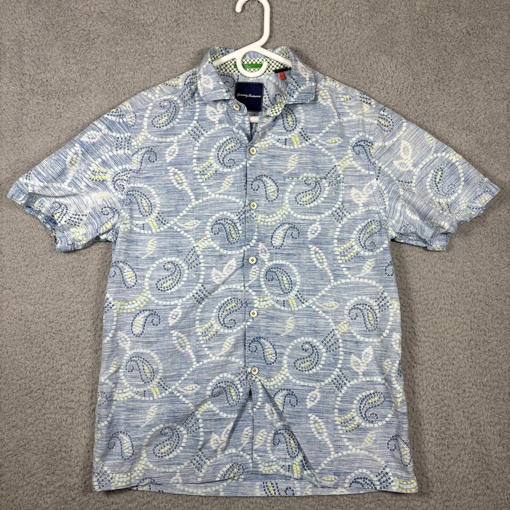 Tommy Bahama Shirt Mens S Blue Paisley Silk Cotton Blend Short Sleeve Button Up